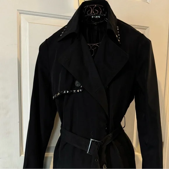 DISTURBIA / Black Studded Trench Coat / UK 14 - Picture 2 of 7
